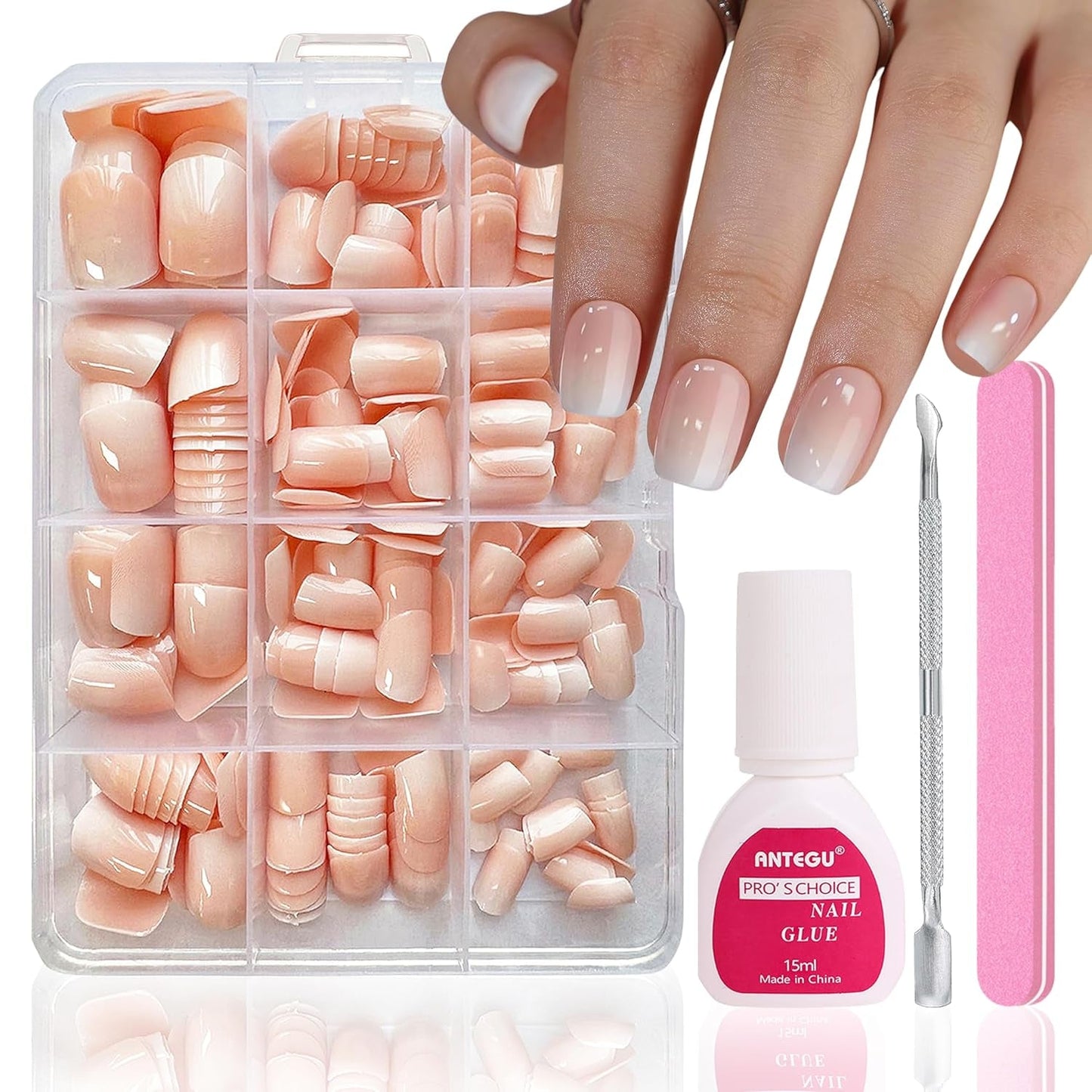 Juego de uñas postizas, 240 piezas de uñas cuadradas cortas, modelo de gel suave, degradado blanco desnudo, pegamento natural falso en uñas postizas para mujeres DIY (degradado desnudo, 240X)