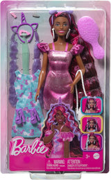 Muñeca Barbie con cabello divertido y elegante, cabello negro colorido extralargo y vestido rosa brillante, 10 peinados y accesorios de moda JDC86