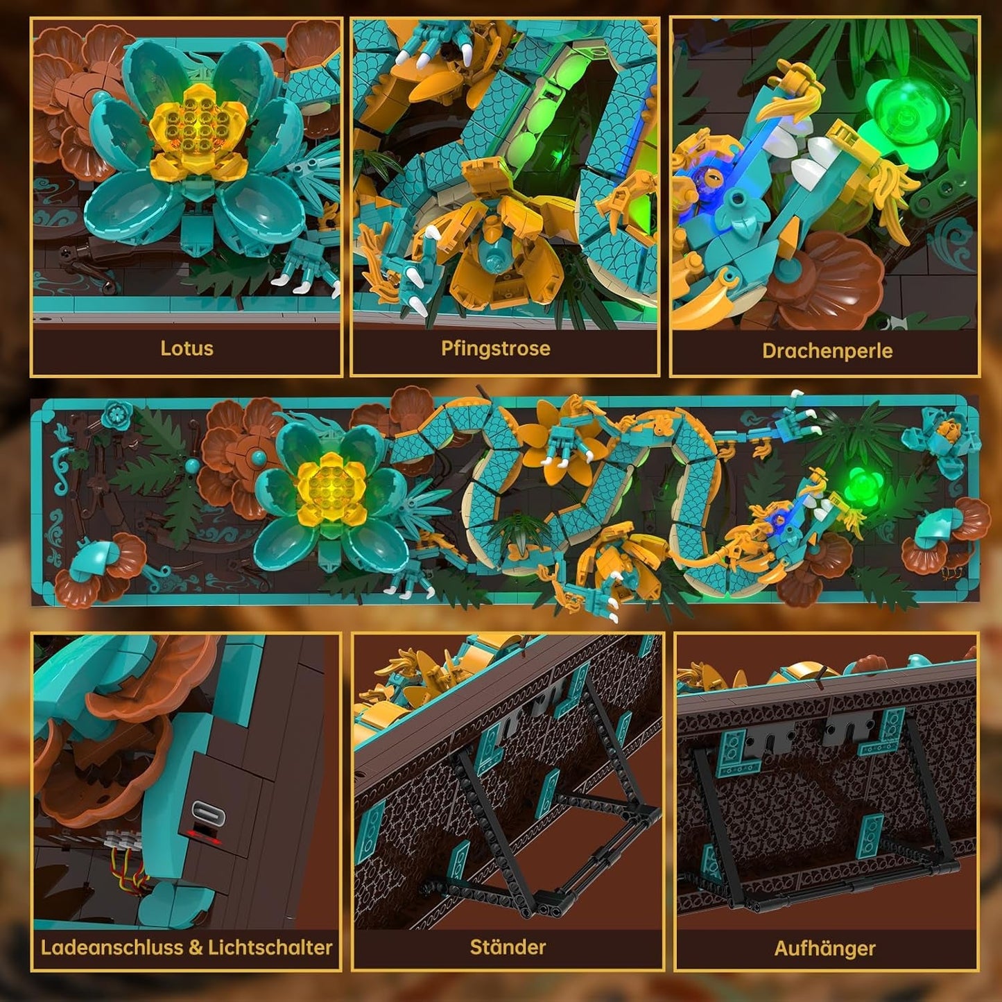 Kit de construcción de azulejos de dragón mítico para adultos, juguete de construcción de arte divino 3D con luces LED y flores, kit de modelo de relieve de dragón, regalos creativos y decoraciones (1676 piezas)