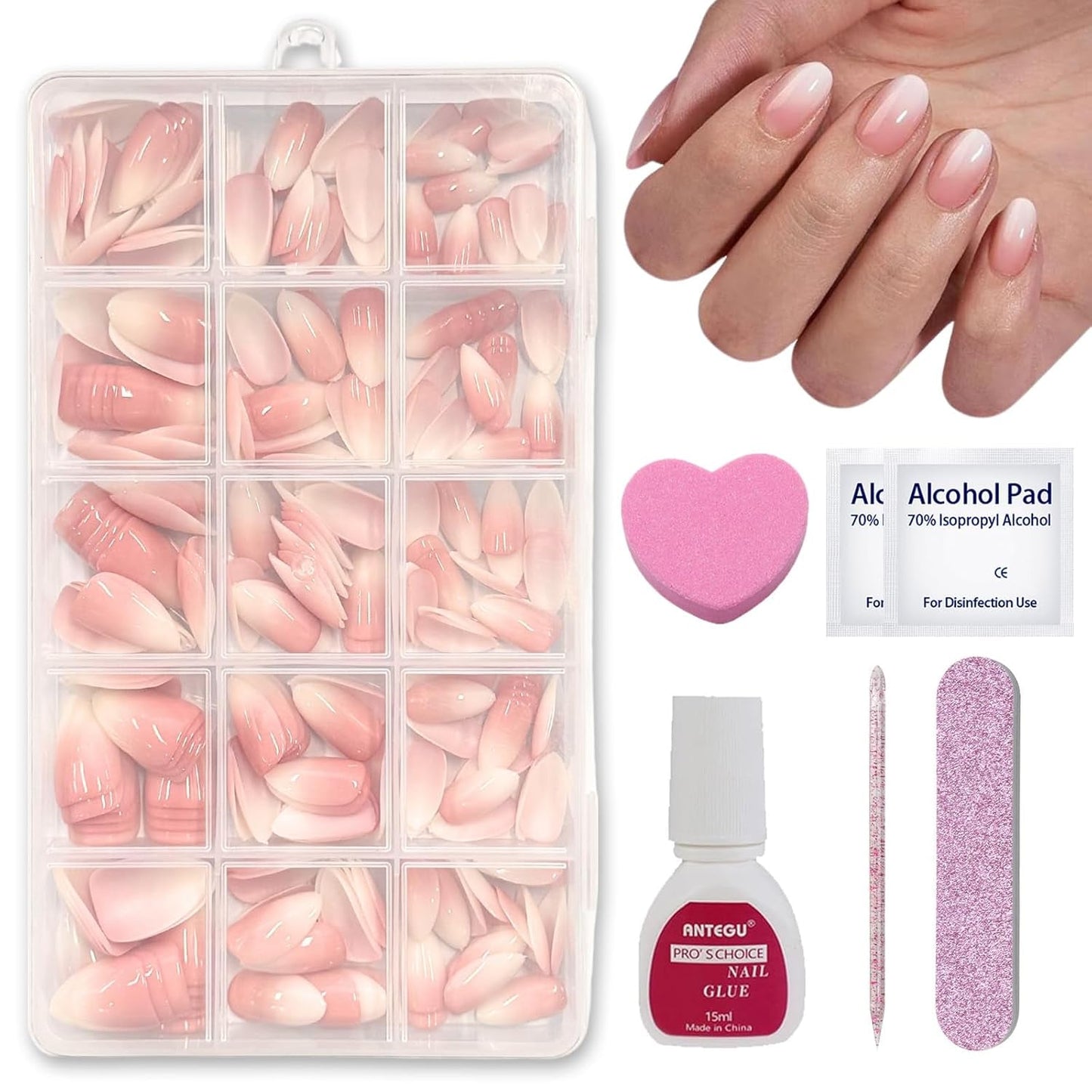 Juego de 240 uñas postizas cortas – Uñas postizas artificiales naturales cortas para pegar – Uñas artificiales degradadas desnudas para extensiones de uñas en caja (degradado desnuda)