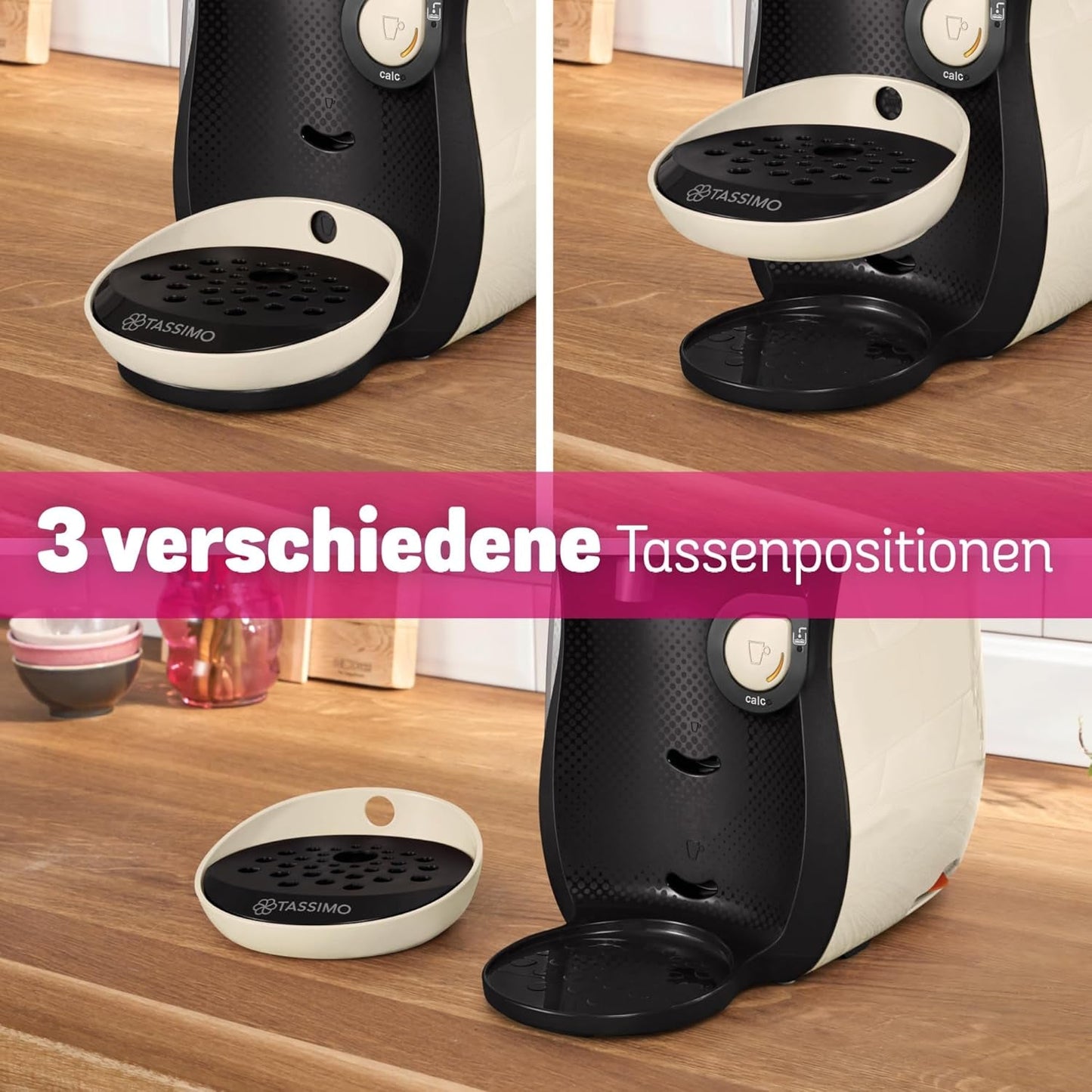 Bosch Tassimo Happy Friendly TAS107E Cafetera espresso de cápsulas, más de 70 bebidas, apta para todas las tazas, parada automática, sostenible, dosificación perfecta, ahorro de espacio, 1400 W, crema/negro