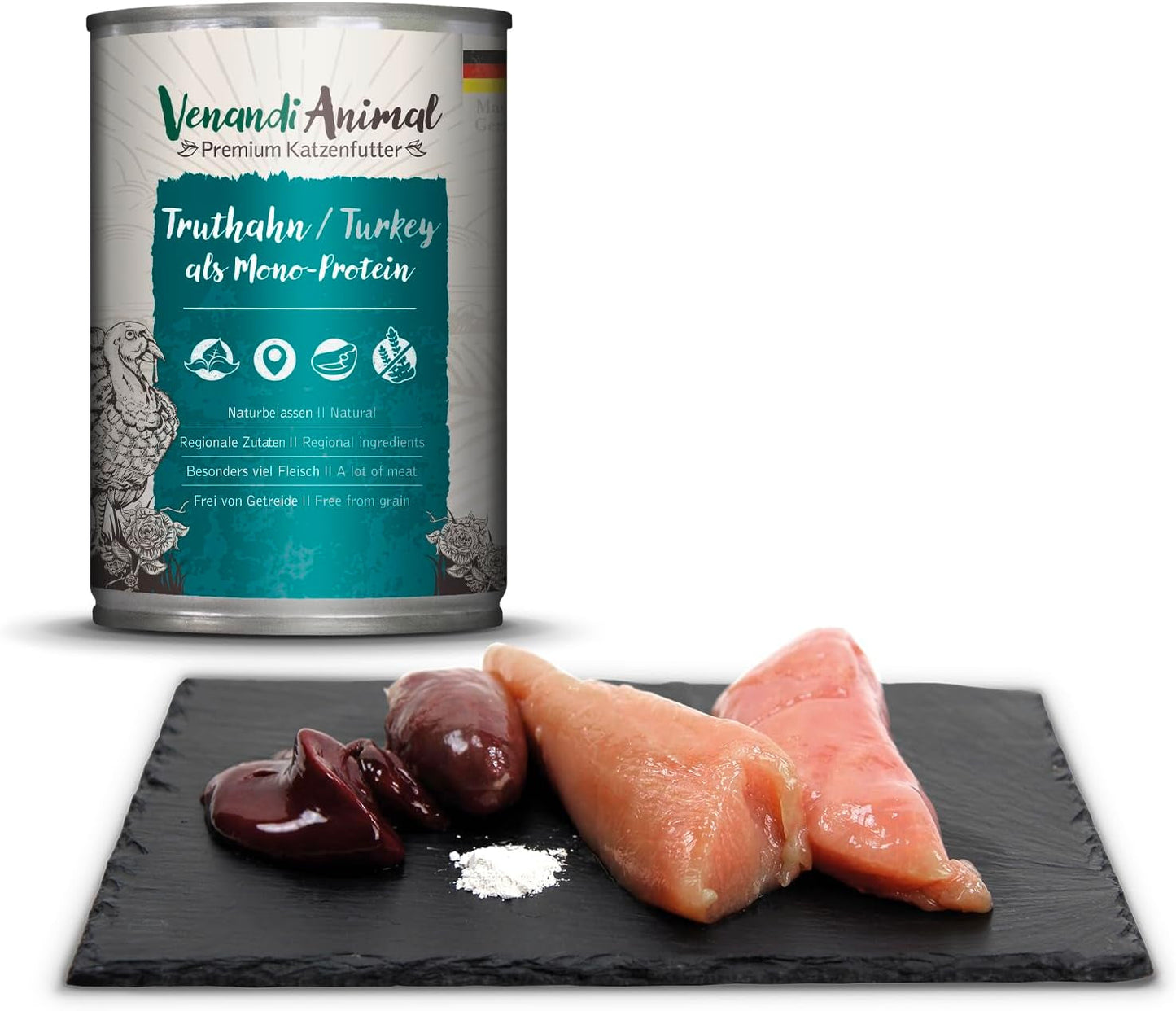 Venandi Animal Premium Nassfutter für Katzen, Probierpaket II, Pollo + Conejo, Kalb, Pavo, 6 x 400 g, getreidefrei und naturbelassen, 2,4 kg