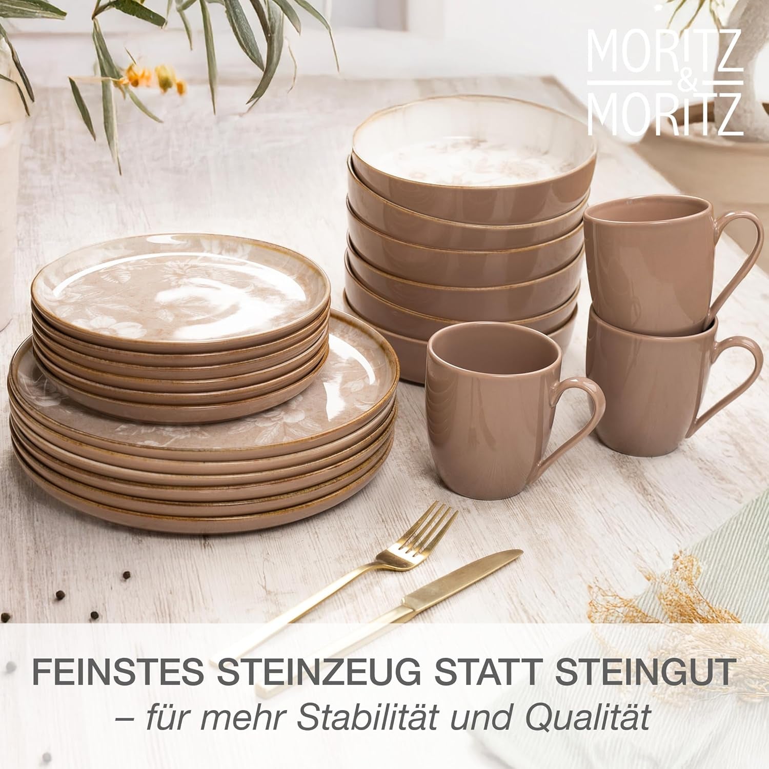 Moritz & Moritz MARIELLA Vajilla de gres de 24 piezas para 6 personas - Vajilla beige moderna con un diseño divertido, servicio de café de fácil cuidado con platos, cuencos y tazas - Juego combinado