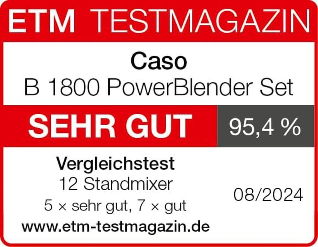 CASO B 1800 Powerblender-Set - Batidora con base, 28.000 U/Min, Vaso de vaso 1,75 L, Inkl. Trinkflasche Und Zerkleiner, Mezclador Testsieger Mit Sehr Gut, Edelstahl Naty Shop