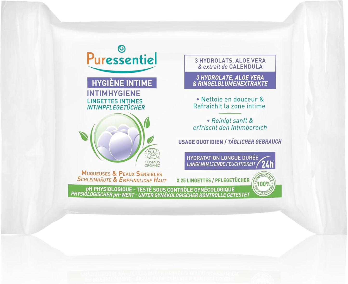 Puressentiel - Higiene íntima - Toallitas íntimas - Limpiadoras y refrescantes - Mucosas y pieles sensibles - Hidratación duradera 24 horas - Para uso diario - X25 uds.
