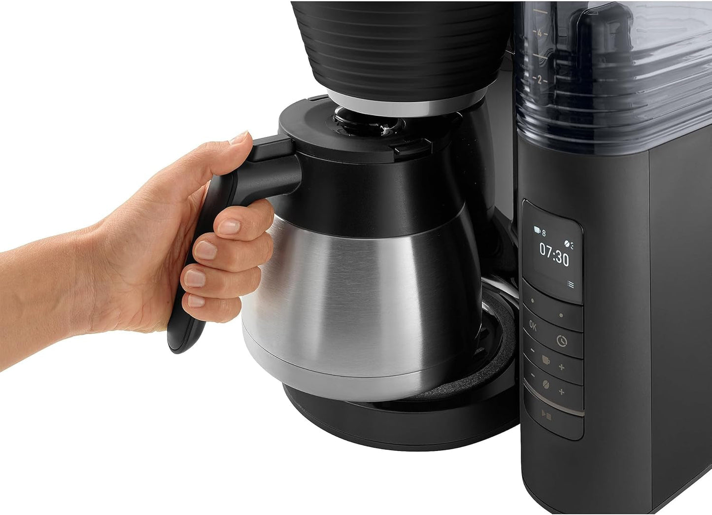 Melitta AromaFresh Therm Pro X - Cafetera espresso con filtro, molinillo integrado, depósito de agua extraíble, jarra térmica de acero inoxidable y función de temporizador, para hasta 8 tazas de café, negro/plateado