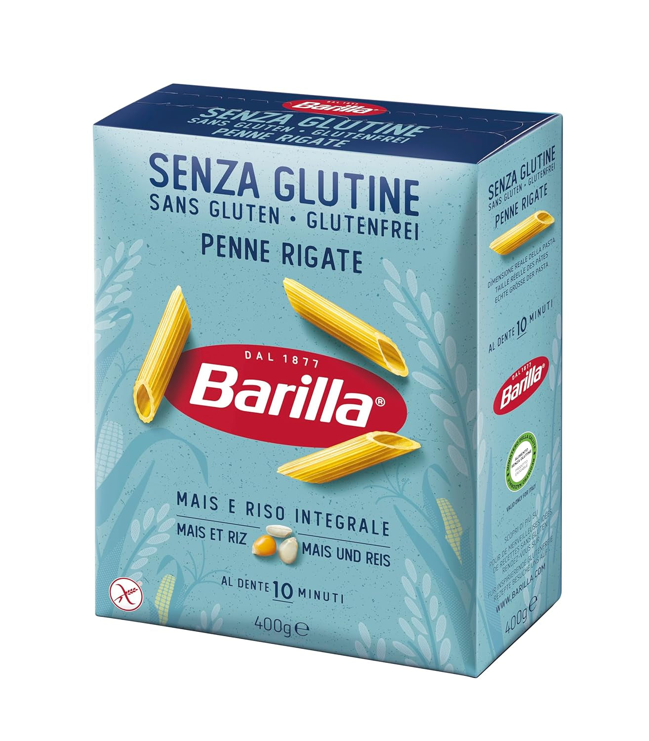 Pasta Barilla Penne Rigate sin gluten elaborada con delicioso maíz y arroz, perfecta para personas celíacas o intolerantes al gluten (14 x 400 g)