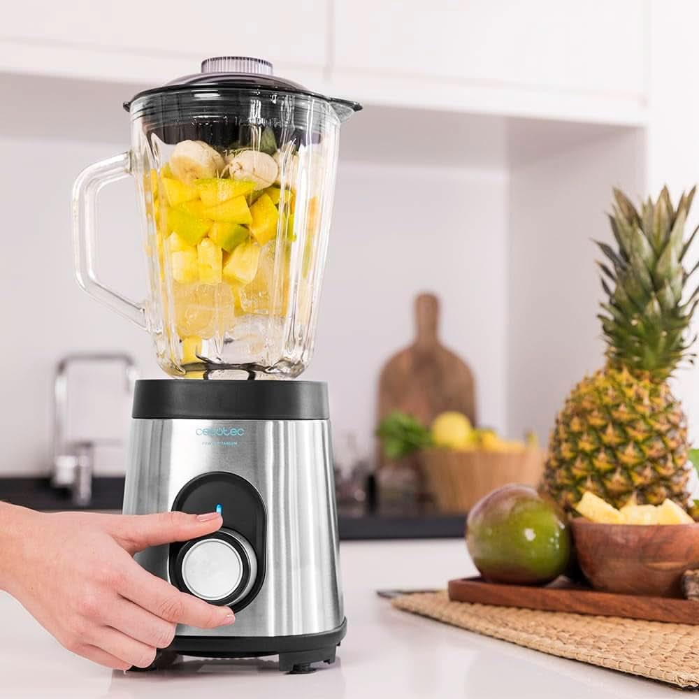 Cecotec Batidora Glas Power Schwarz Titan 1000 INOX. 1000 W, Edelstahlgehäuse, 6-Blatt-Blatt Mit Schwarzer Titanbeschichtung, 1,5-L-Glaskrug, 5 Geschwindigkeiten [Energieeffizienzklasse a +] Cocina Naty Shop