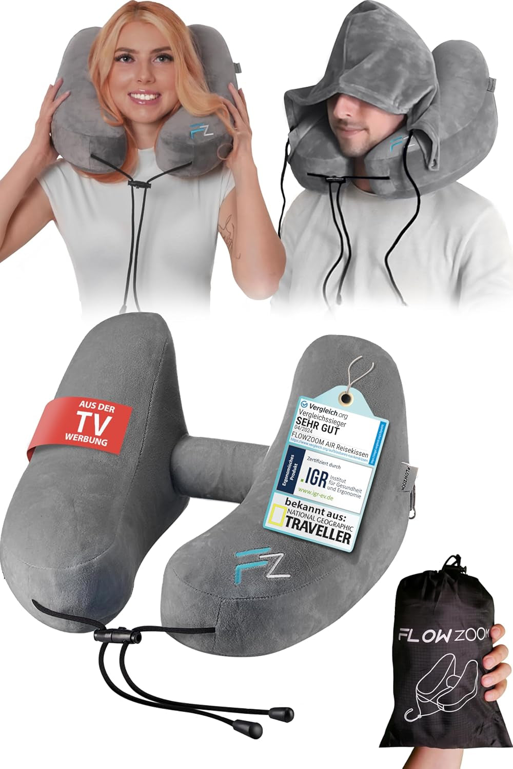 FLOWZOOM AIR Almohada Inflable para el Cuello con Capucha - Almohada para el Cuello de Avión - Almohada de Viaje - Almohada para el Cuello de Viaje Inflable Rápido - Almohada para Avión - Almohada de Viaje - Almohada para el Cuello Adulto (Gris) Naty Shop Almohadas Ortopédicas Cervicales 1) Gris - Talla L