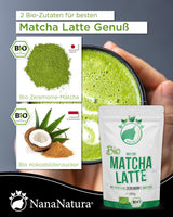 Mezcla de Latte Bio Matcha de Nananatura con 22% de té verde en polvo de grado ceremonial de Japón | Para disfrutar del té de forma sencilla y deliciosa | También apto para helados y pasteles.