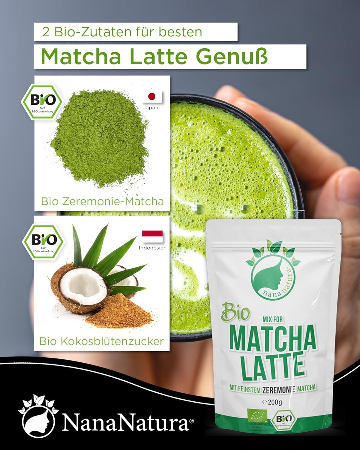 Mezcla de Latte Bio Matcha de Nananatura con 22% de té verde en polvo de grado ceremonial de Japón | Para disfrutar del té de forma sencilla y deliciosa | También apto para helados y pasteles.