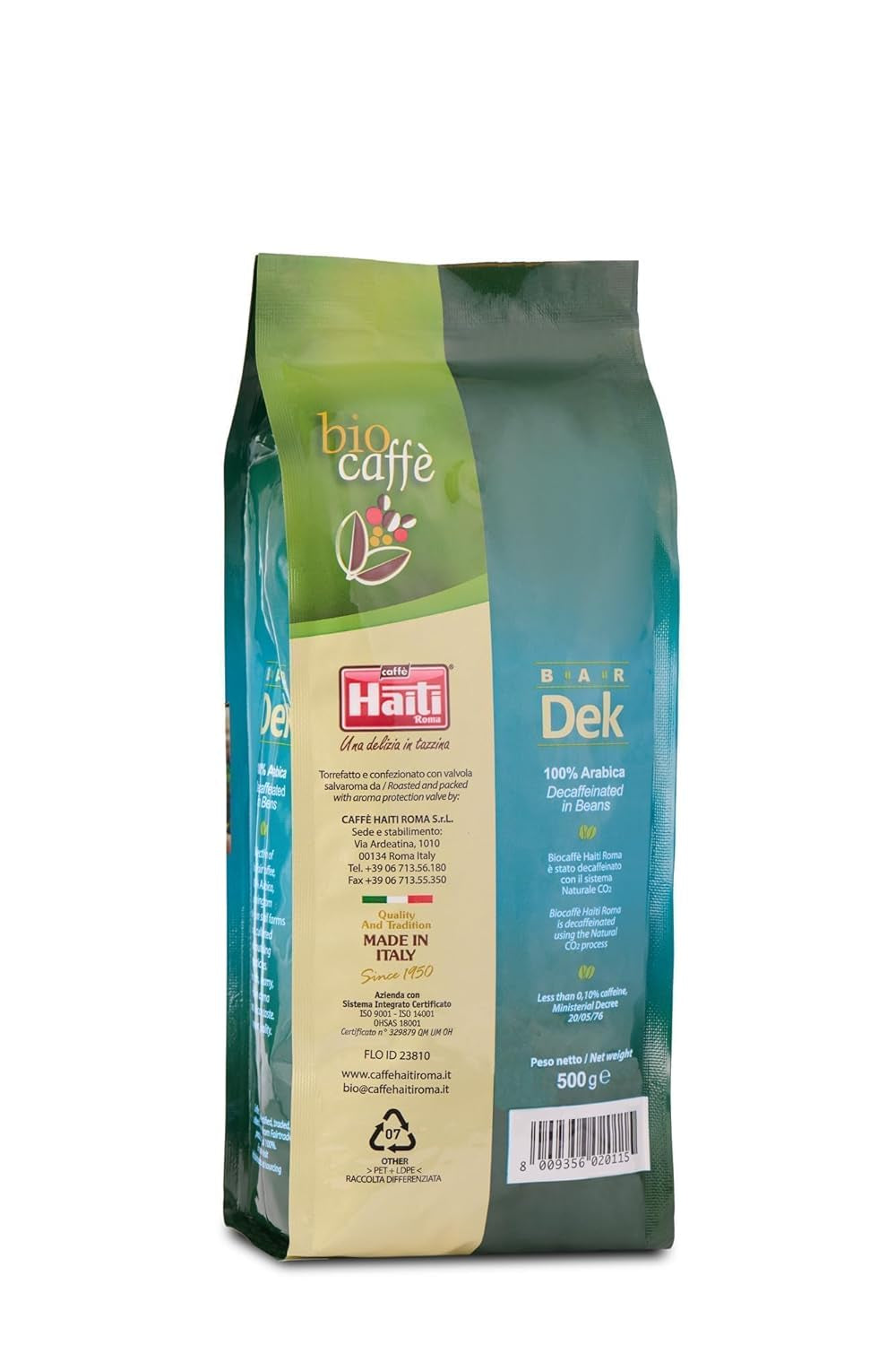Caffè Haiti Roma café en grano orgánico descafeinado, 100% Arábica, certificado Fairtrade, calidad orgánica, paquete de 2 x 500 g