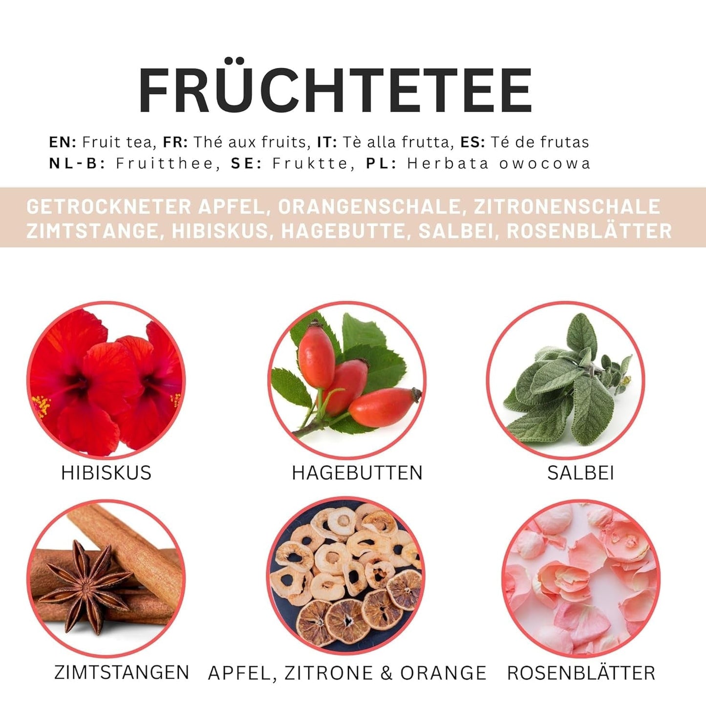 Té de frutas – 100 g de mezcla de frutas aromatizadas con manzana, hibisco y canela – Bolsa ziplock, aprox. 25 tazas – Sin aditivos, envasados ​​en Alemania