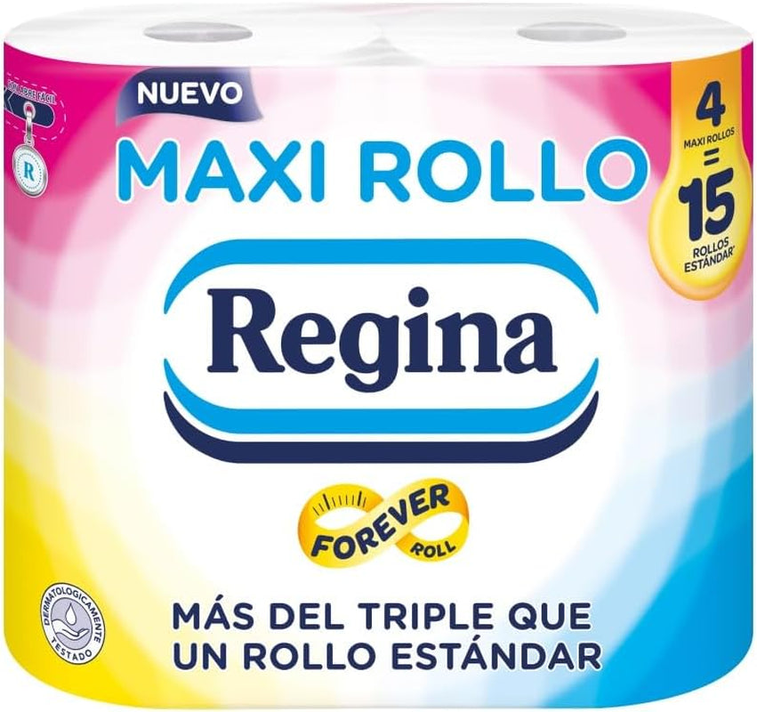 Regina Maxi Roll: 4 rollos de papel higiénico, 500 hojas de 2 capas por rollo, más de tres veces un rollo estándar, embalaje de plástico 60 % reciclado, papel 100 % certificado Fsc