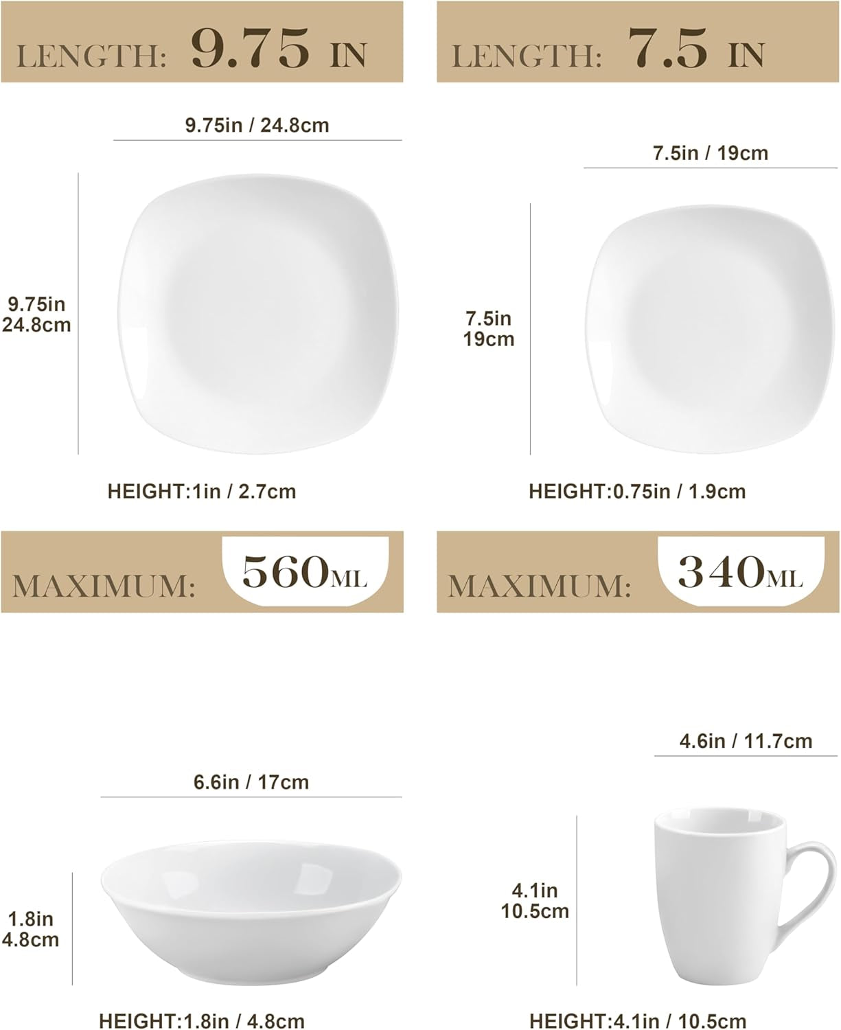 MALACASA Vajilla para 4, Vajilla de Porcelana Blanca de 16 Piezas, Vajilla Moderna con 4 Platos Llanos, Platos de Postre, Platos y Tazas Suma, Serie ELISA
