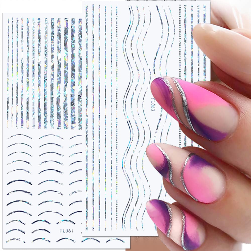 12 hojas de pegatinas autoadhesivas para uñas con líneas de brillo láser, pegatinas holográficas, pegatinas para uñas con rayas de bronce, líneas francesas, lazos curvos, líneas onduladas, pegatinas para uñas, accesorios para decoración de uñas