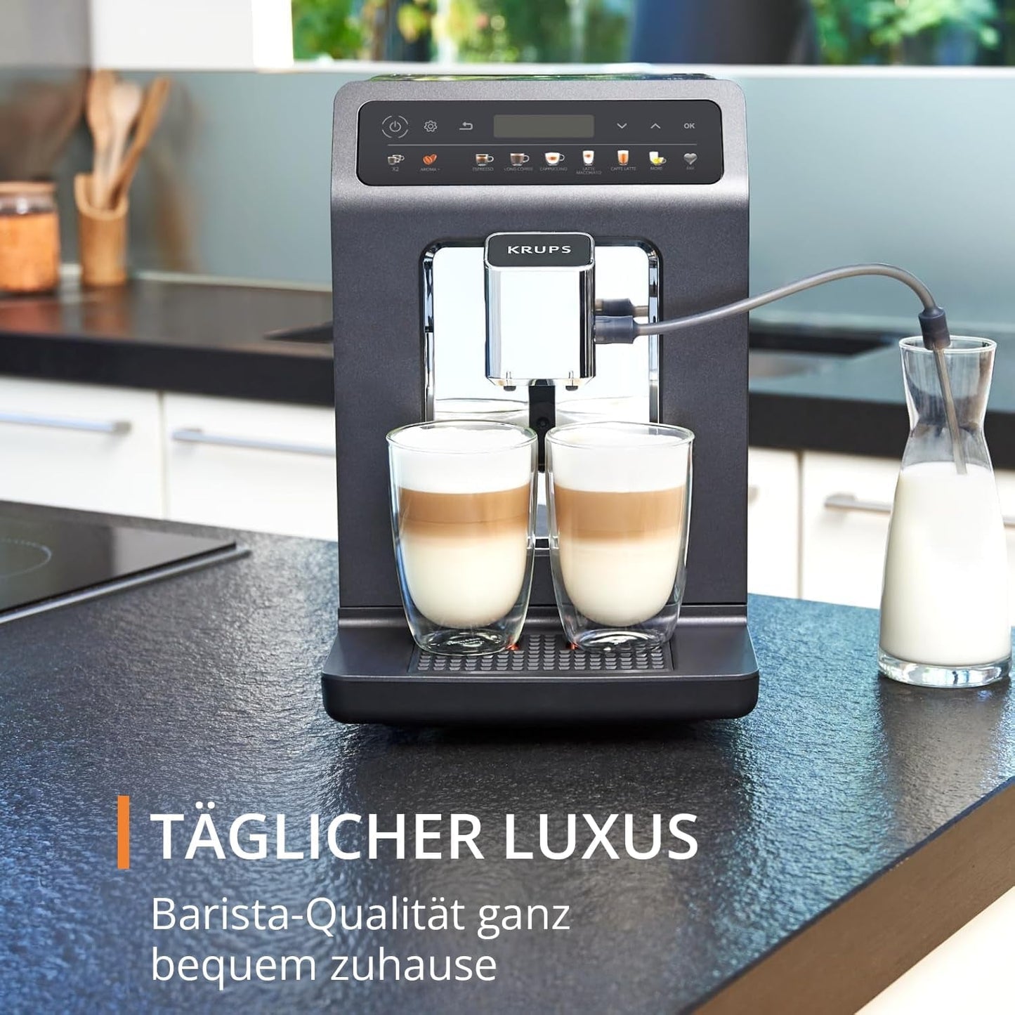 KRUPS Evidence One Cafetera espresso automática con manguera para leche, capuchino de un toque, 12 bebidas especiales, función de 2 tazas, pantalla a color, cafetera espresso, certificado TÜV, negra, EA895N10