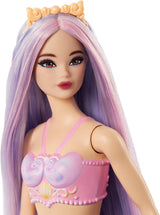 Muñeca Barbie Sirena con Diadema y Cabello Elegante Rosa y Lila, Top de Concha y Aleta de Cola Azul Lavanda, HRR06 Naty Shop Muñecas
