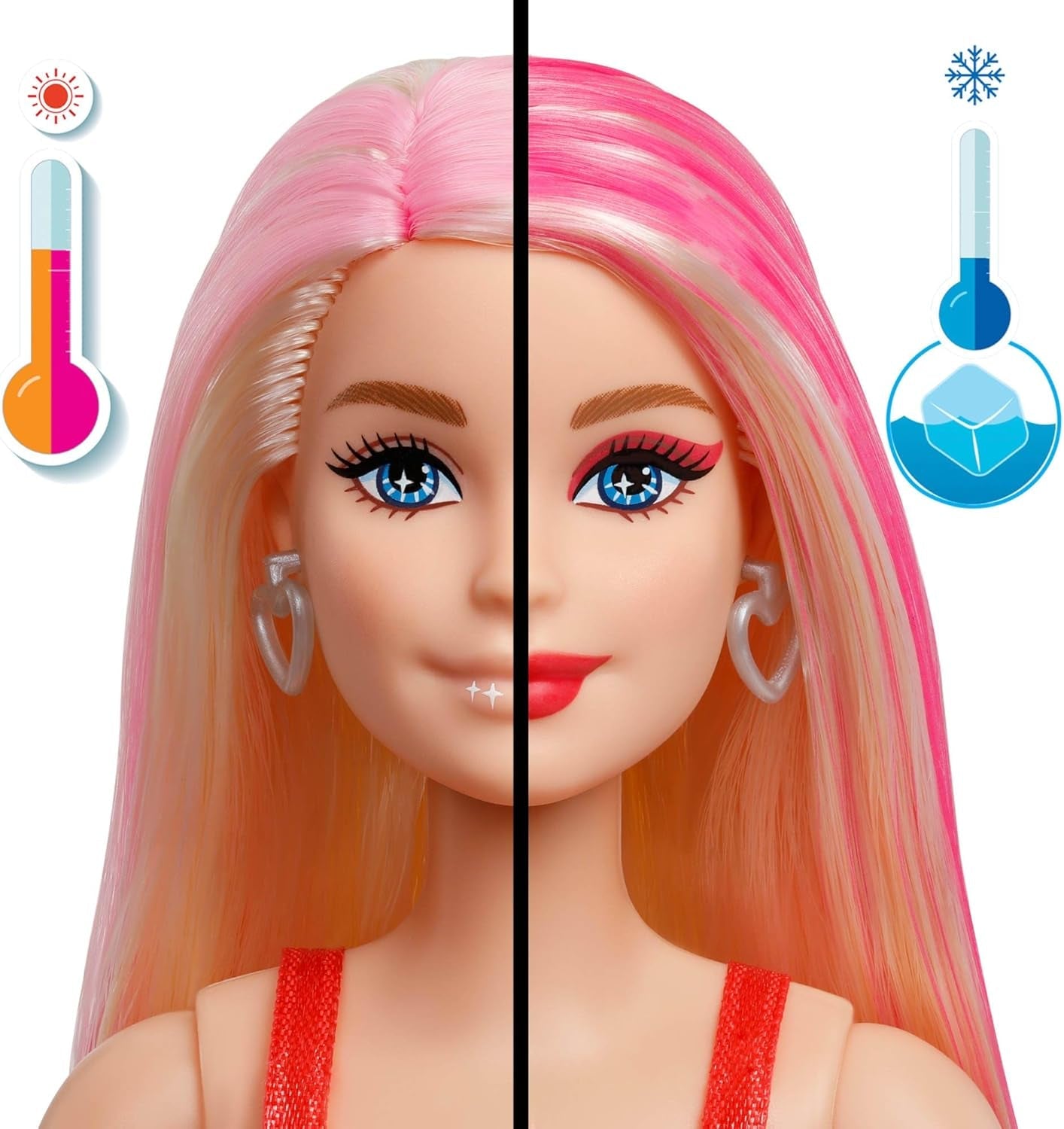 Muñeca Barbie Party sin caja ni accesorios, serie Glam Party con 10 sorpresas, incluida una muñeca roja brillante con efecto de cambio de color, JFY68