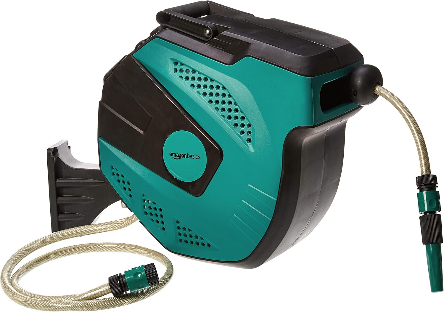 Amazon Basics Enrollador de manguera de pared con manguera, enrollado automático, 15 m, verde marino, negro