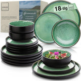 SÄNGER Greenwich | Juego de vajilla de gres, 18 piezas, juego de platos para 6, juego de vajilla (6 platos llanos, 6 platos de postre, 6 tazones), verde, resistente a los rayones, vajilla | LA COLECCIÓN DE VALOR