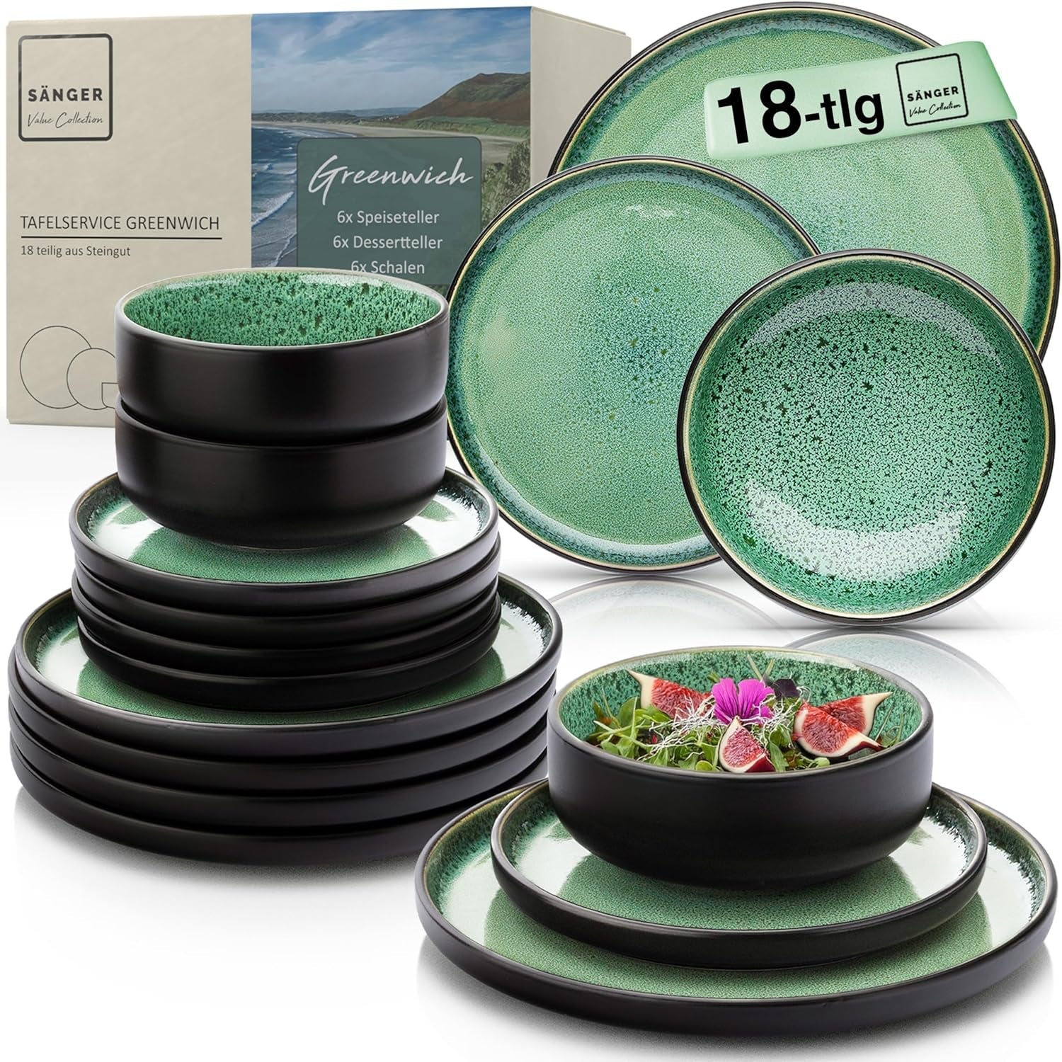 SÄNGER Greenwich | Juego de vajilla de gres, 18 piezas, juego de platos para 6, juego de vajilla (6 platos llanos, 6 platos de postre, 6 tazones), verde, resistente a los rayones, vajilla | LA COLECCIÓN DE VALOR