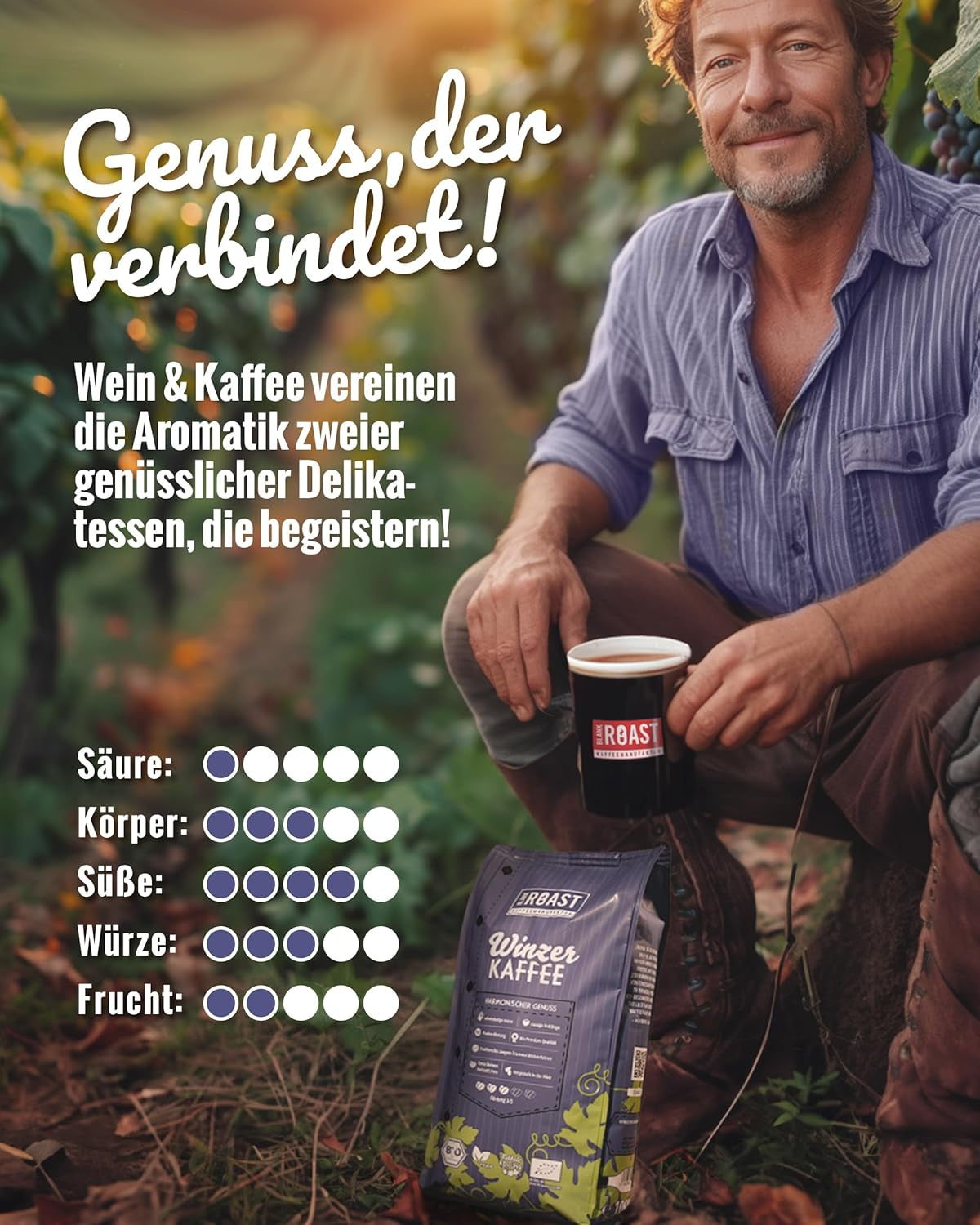 Blank Roast - BIO Winzer Kaffee 1000g - schonend mit Pfälzer Rebholz geröstet - ganze Kaffee-Bohnen aus Peru - 100% Arábica Röstung - schokoladig & nutsig - säurearm