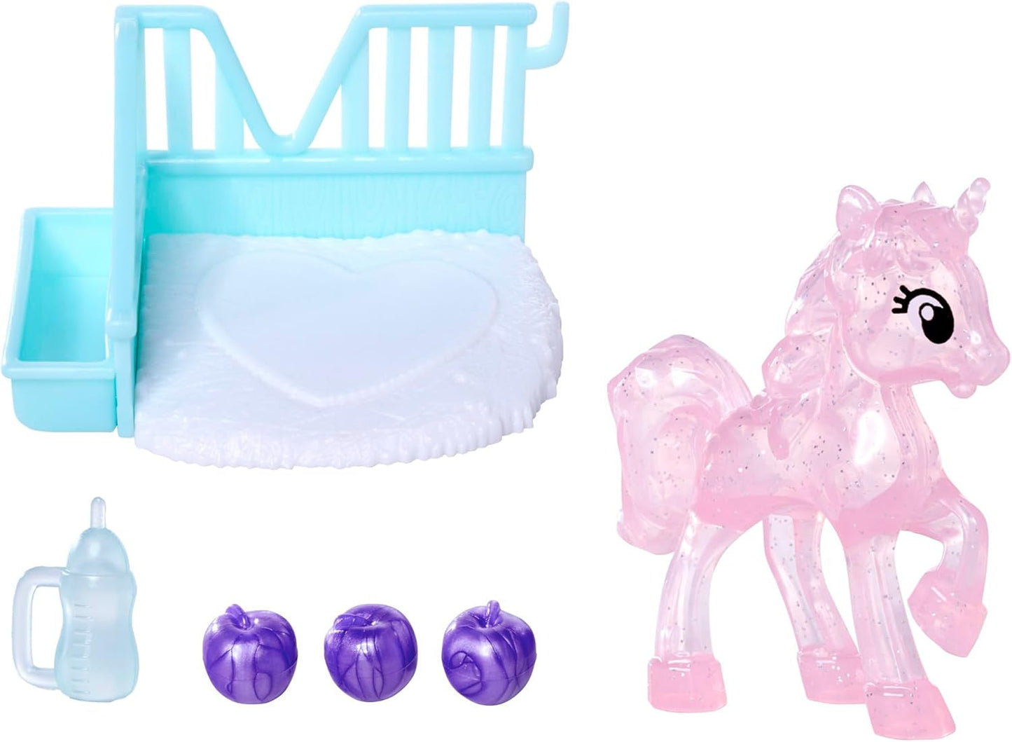 Simba Evi Love Unicorn Play Doll con un lindo vestido de unicornio con diadema a juego, que incluye un unicornio con establo, manzanas y una botella para beber, 12 cm, mayores de 3 años