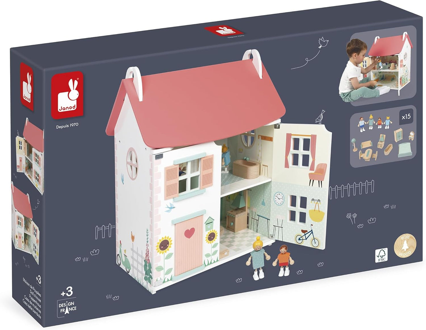 Janod - Mi primera casa de muñecas de madera - 10 accesorios - Muebles para muñecas - Puertas magnéticas y techo desmontable - Juguete de madera certificado FSC - A partir de 3 años