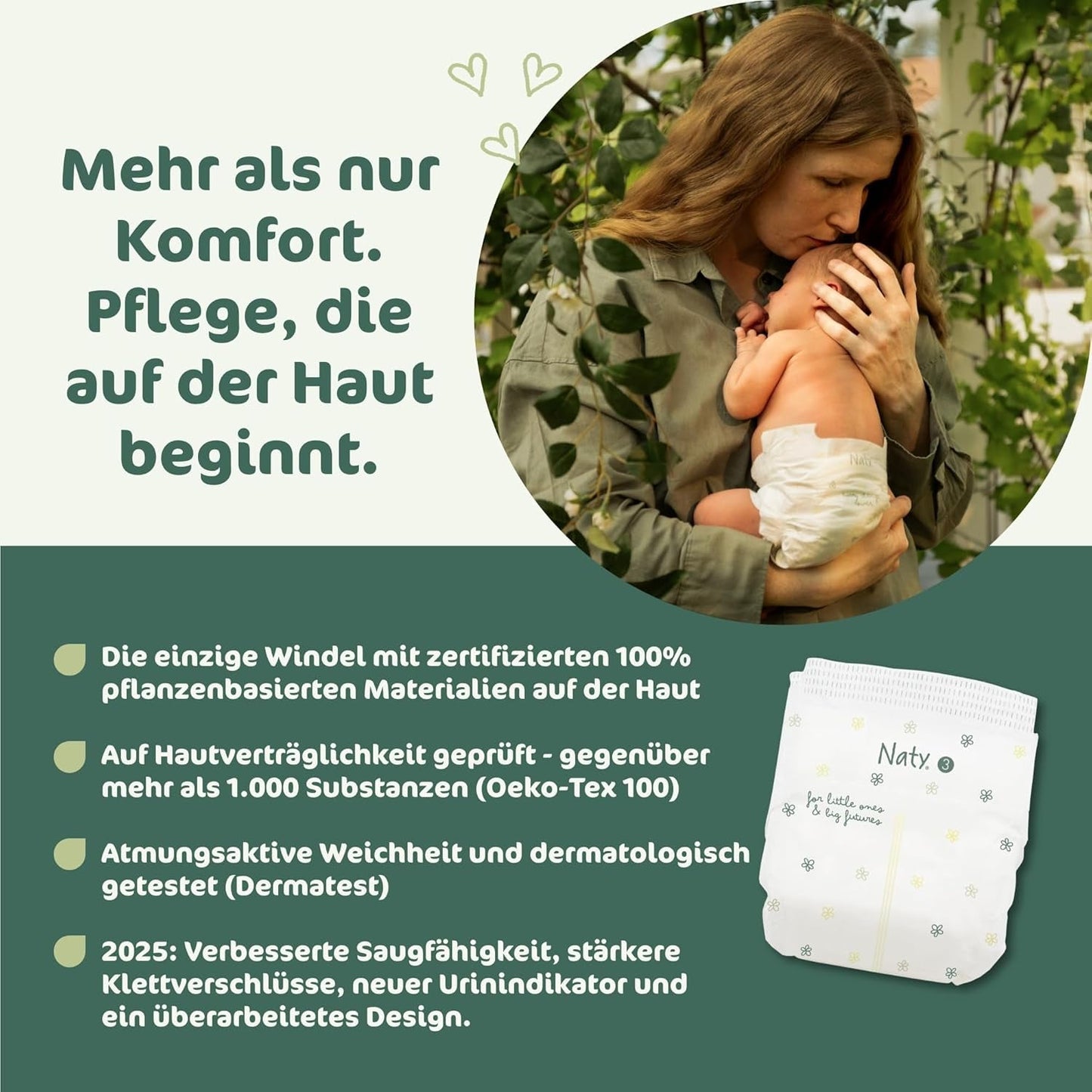 Pañales para bebé Naty BioEmbrace, talla 3 (4-9 kg) | Materiales 100% vegetales, suaves con la piel | Suavidad transpirable, testado dermatológicamente, excelente absorción | 100 uds.