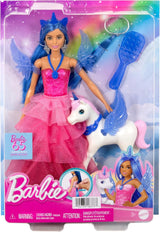 Barbie Hidden Magic - Muñeca Unicornio, Vestido Rosa con Detalles Azul Zafiro, Diadema de Unicornio, Alas y Cola de Zafiro Desmontables, Edades de 3 años en adelante, HRR16