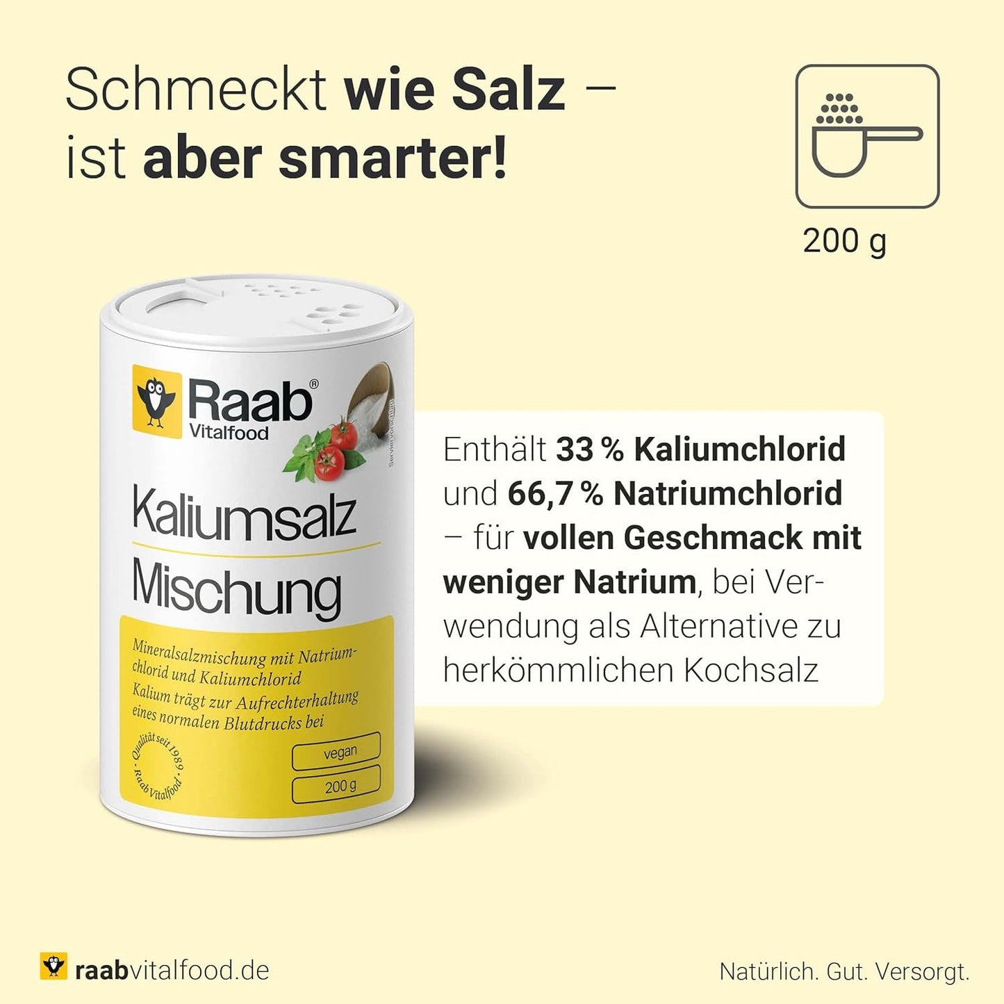 Raab Vitalfood Kalium salt-Mischung, Mineralsalzmischung mit 66,7% Natriumchlorid (Kochsalz) und 33% Kaliumchlorid, Kalium trägt zur Aufrechterhaltung eines normalen Blutdruck bei (1 dosis de 200 g)