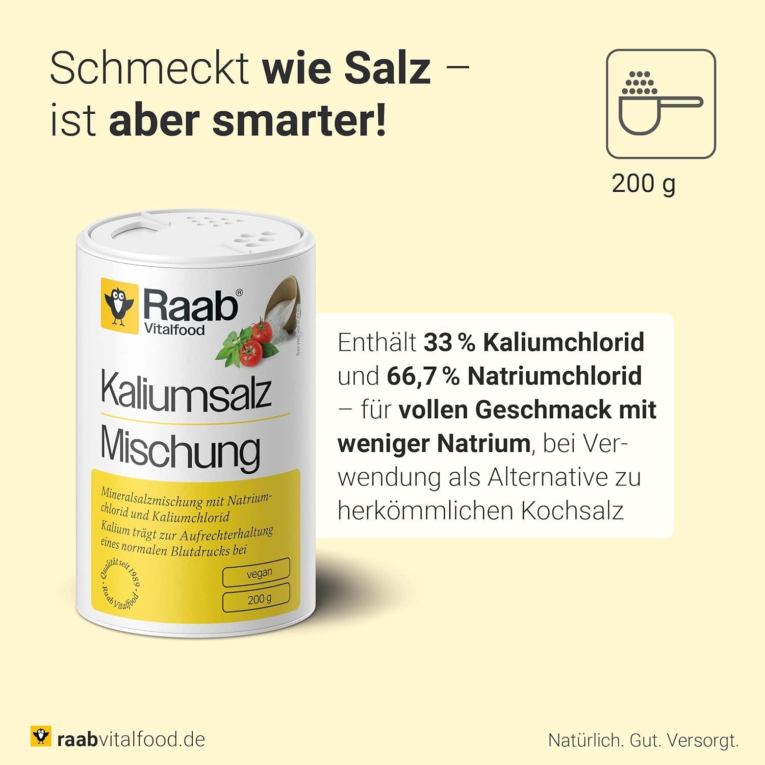 Raab Vitalfood Kalium salt-Mischung, Mineralsalzmischung mit 66,7% Natriumchlorid (Kochsalz) und 33% Kaliumchlorid, Kalium trägt zur Aufrechterhaltung eines normalen Blutdruck bei (1 dosis de 200 g)