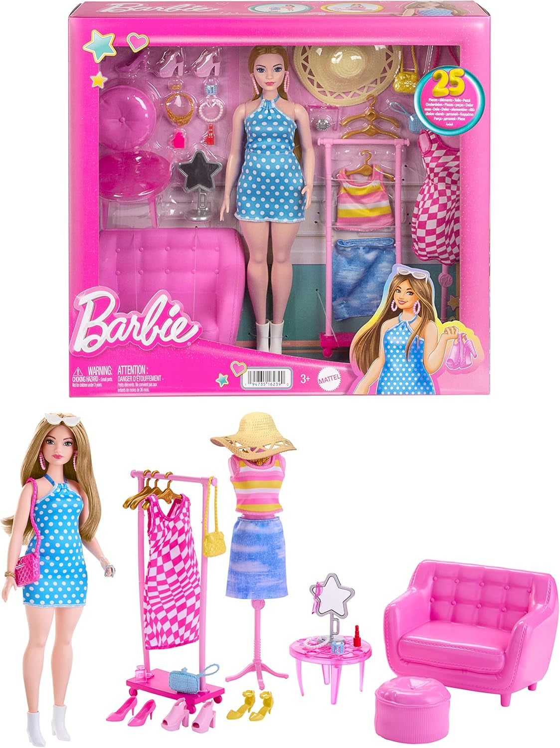 Barbie Fashion - Juego de muñeca y armario con ropa, accesorios y muebles de salón, diversión de peluquería duradera para niños a partir de 3 años, HPL78