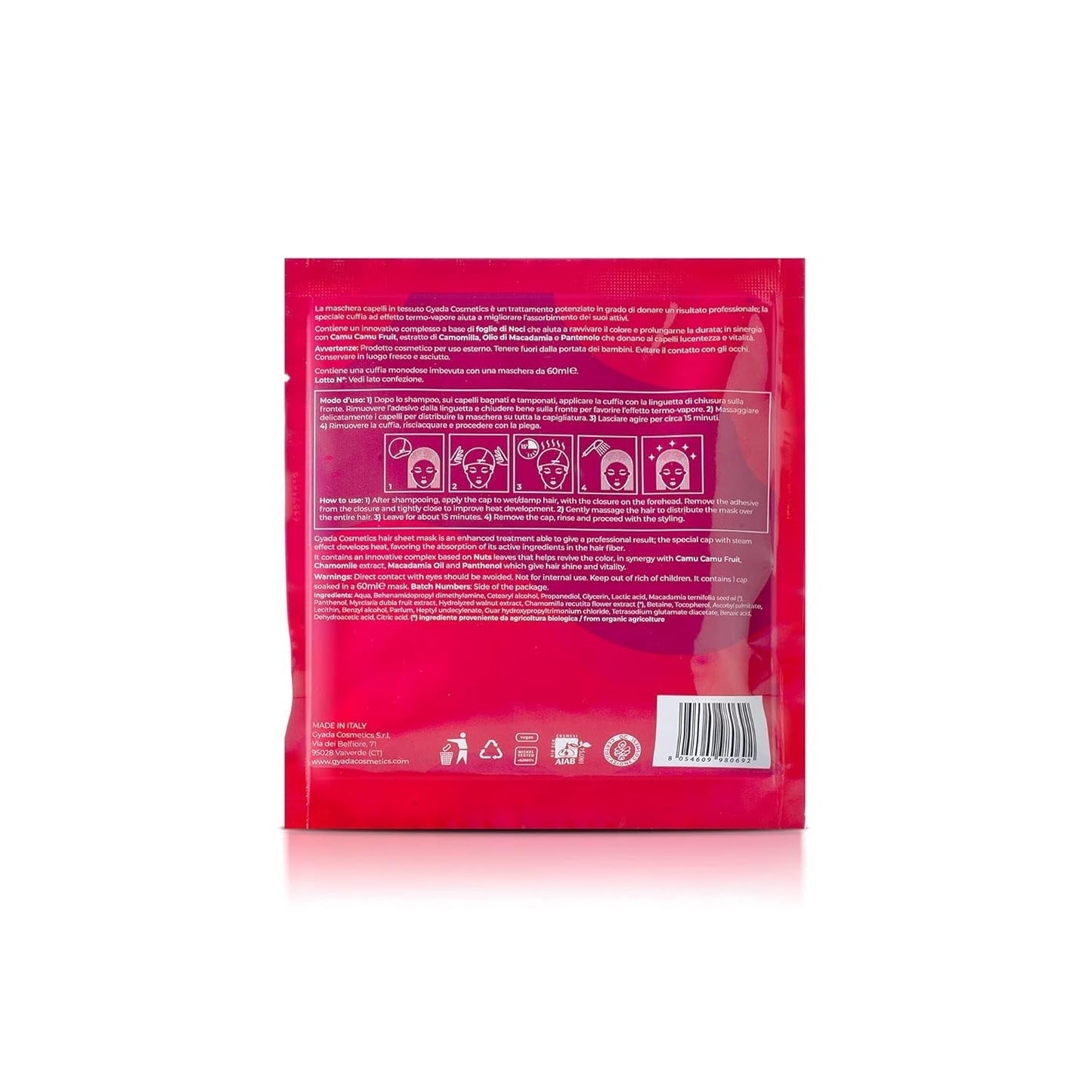 GYADA COSMETICS Mascarilla Capilar de Tela Refrescante y Protectora del Color con Efecto Brillo Cobertura Térmica Aceite de Manzanilla Macadamia y Pantenol 60ml Naty Shop Mascarilla Capilar