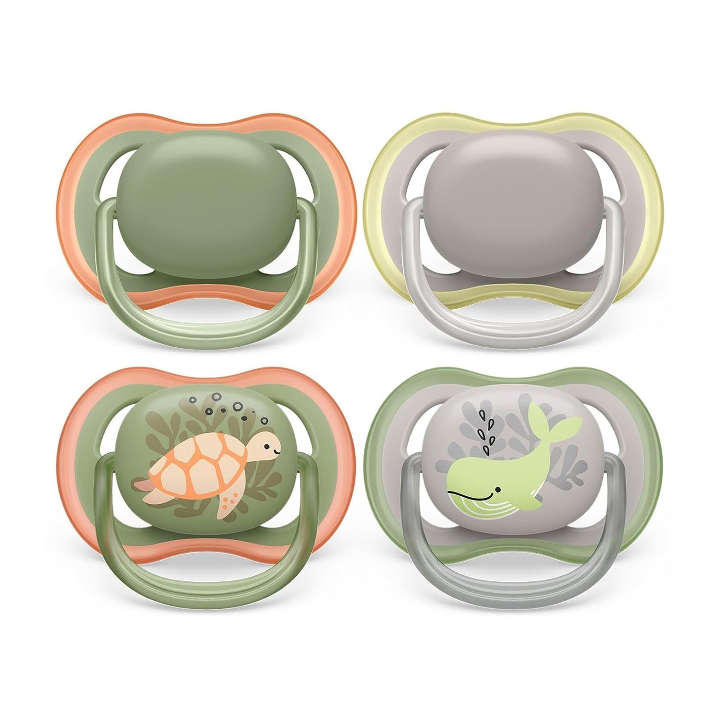 Chupetes Philips AVENT ultra air - pack de 4 chupetes transpirables sin BPA para bebés de 6 a 18 meses, incluido estuche de transporte y esterilización, patrón tortuga/ballena (modelo SCF085/66)