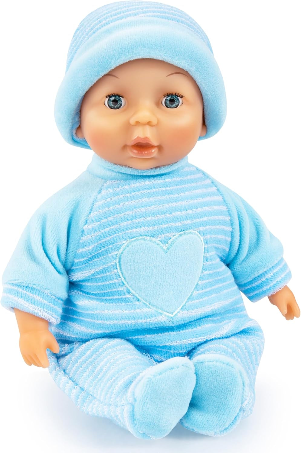 Bayer Design 92802AU My First Baby 28cm, Muñeco Bebé, Muñeco de Cuerpo Blando con Ojos Durmientes, Muy Manejable, Lindo Conjunto, Azul con Corazón