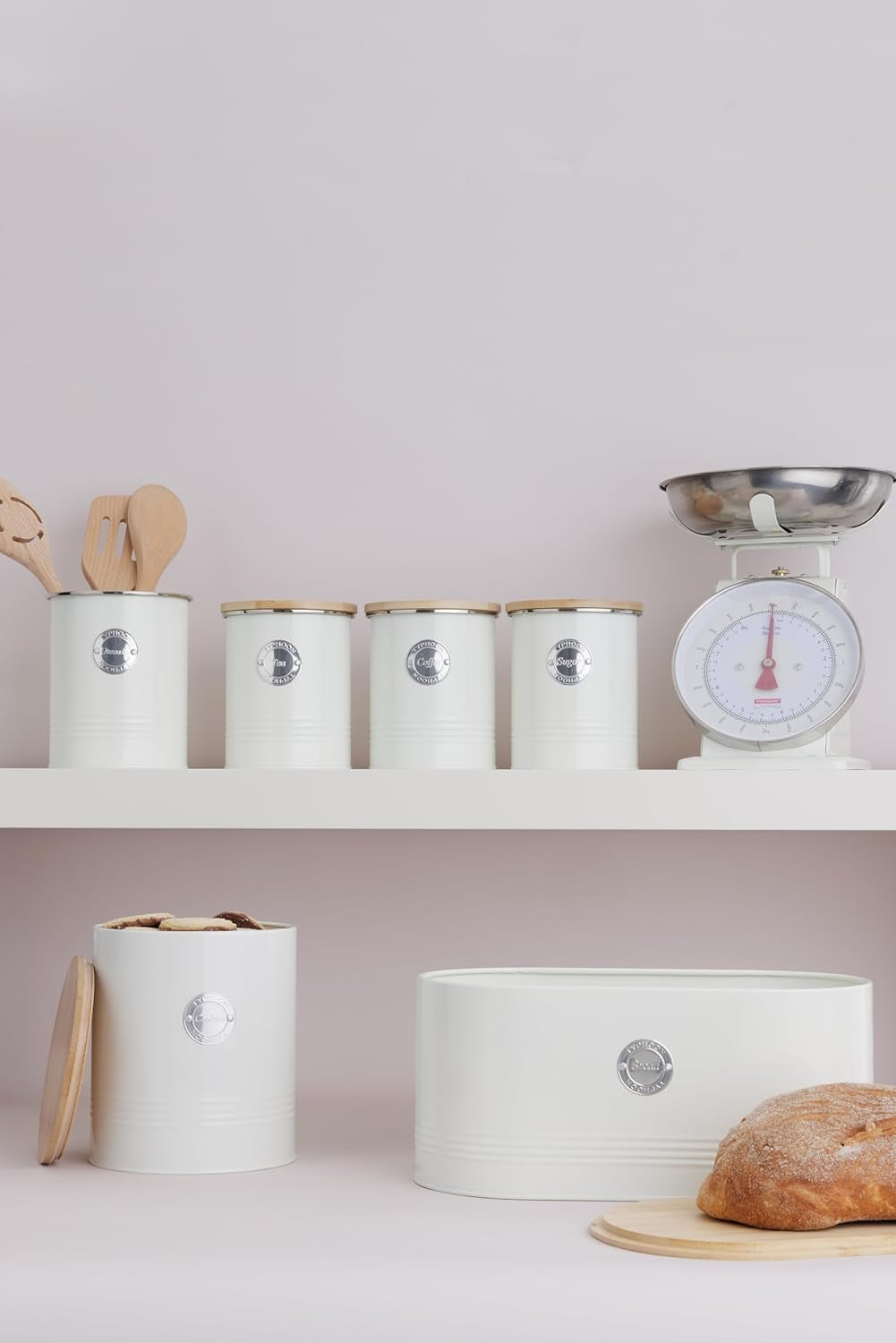 Colección LIVING, azucarero con tapa | pastel crema | caja de almacenamiento 1 L cocina para azúcar | azucarero de acero con tapa | Tarros herméticos de bambú con tapa Naty Shop Cajas de almacenamiento de alimentos