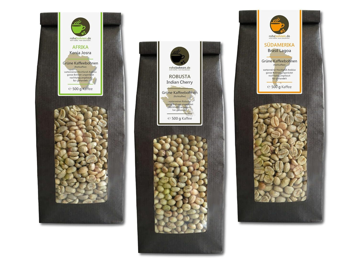 Café crudo - Café verde Kenia, India, Brasil (paquete reducido en granos de café verde 3x500g) - Certificado GMP