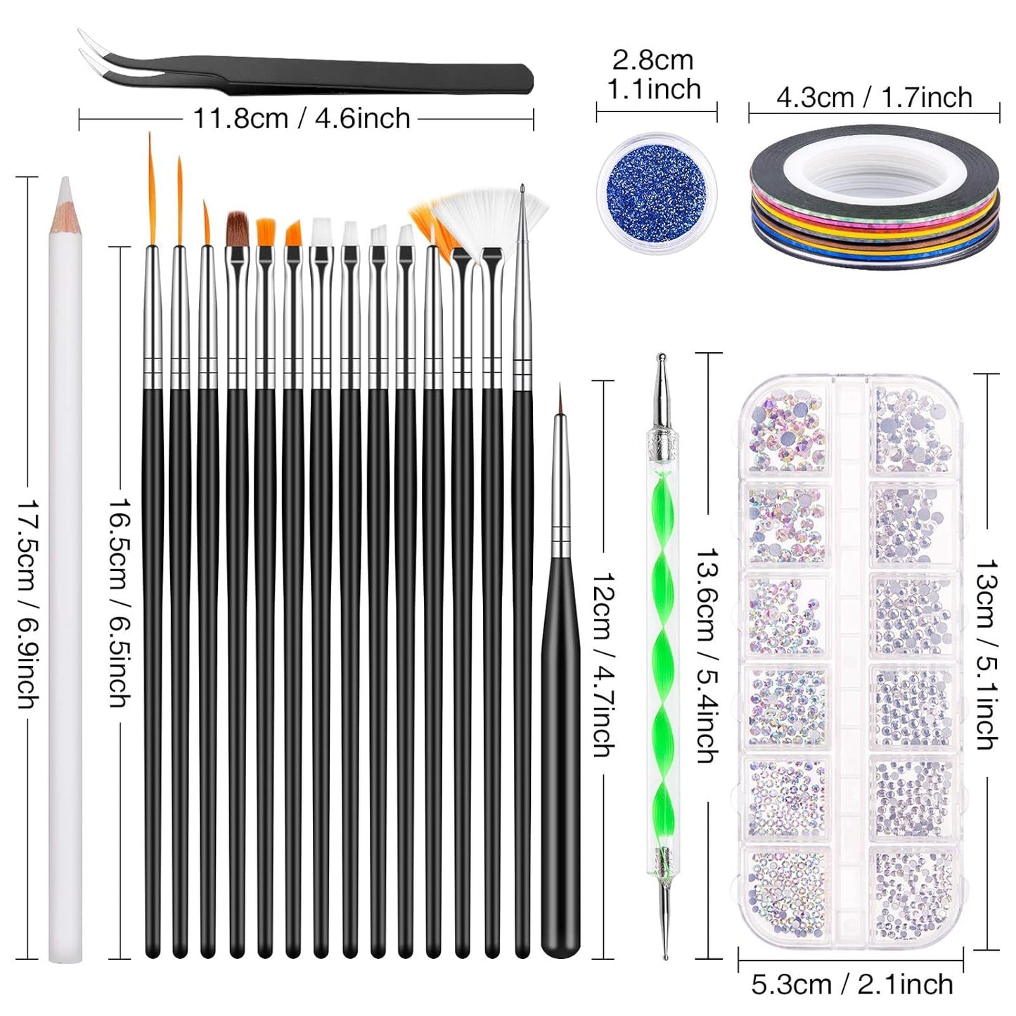 MELLIEX Juego de 45 accesorios para decoración de uñas, Nägel Pinsel Strasssteine ​​​​Glitzer Goldfolie Nageldesign Dotted Pen Streifenband para Nagelkunst Maniküre Set