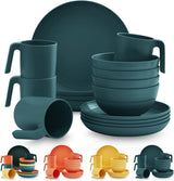 Juego de vajilla Kyraton fabricado en plástico irrompible y reutilizable, compuesto por 16 piezas. Platos, tazas, cuencos y platos ligeros. Fácil de transportar y limpiar. Libre de BPA. Para 4 personas.