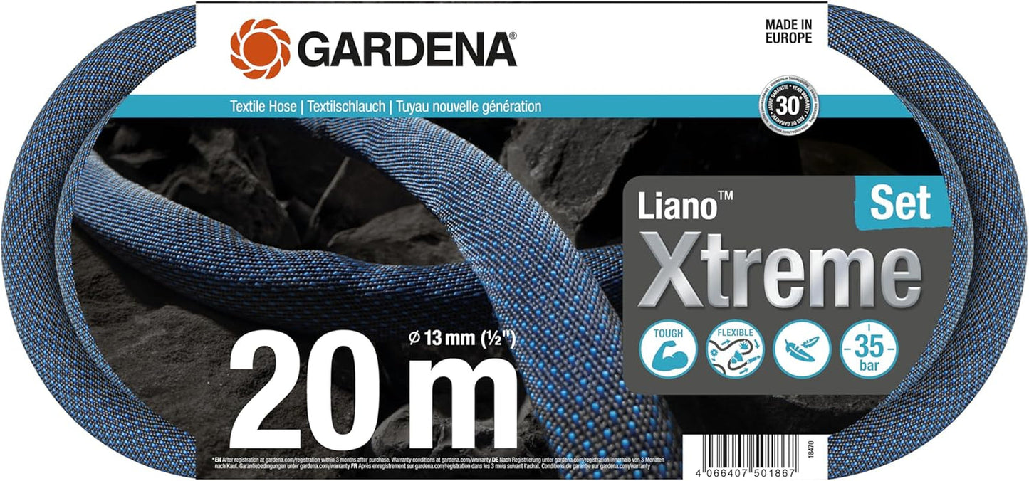 Juego Gardena Liano Xtreme de 1/2 pulgada y 20 m: Manguera de jardín textil extremadamente robusta con manguera interior de PVC ligera y resistente a la intemperie (18470-20)