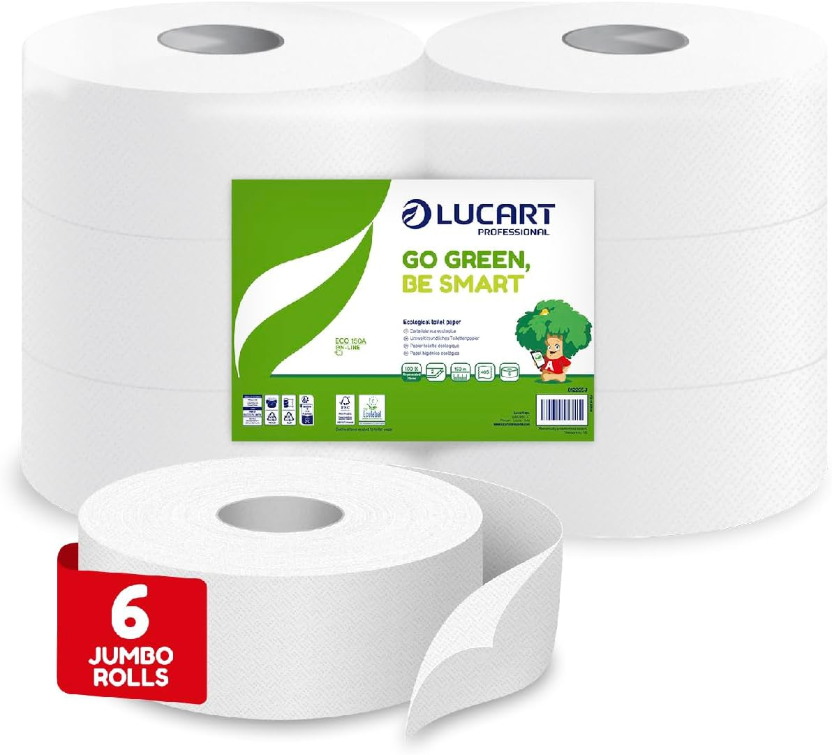 Rollos de papel higiénico Jumbo Eco, 2 capas, crema para lavar a mano con fórmula limpiadora, hidratante y suavizante, aroma floral, 5 L, 6 piezas (paquete de 1)