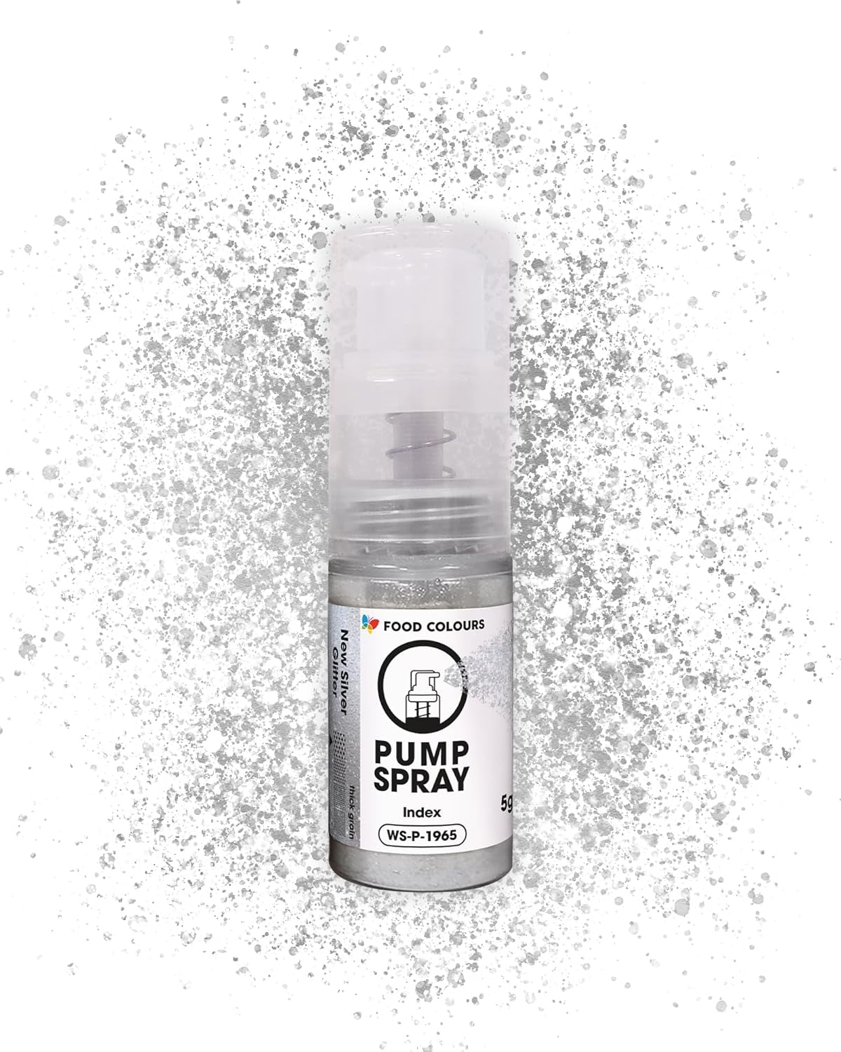 Spray alimentario con purpurina comestible NEW SILVER SHImmering 5G Bomba con polvo metálico para una decoración rápida y eficaz de tartas, cremas, jaleas, bombones, chocolate y decoraciones de azúcar