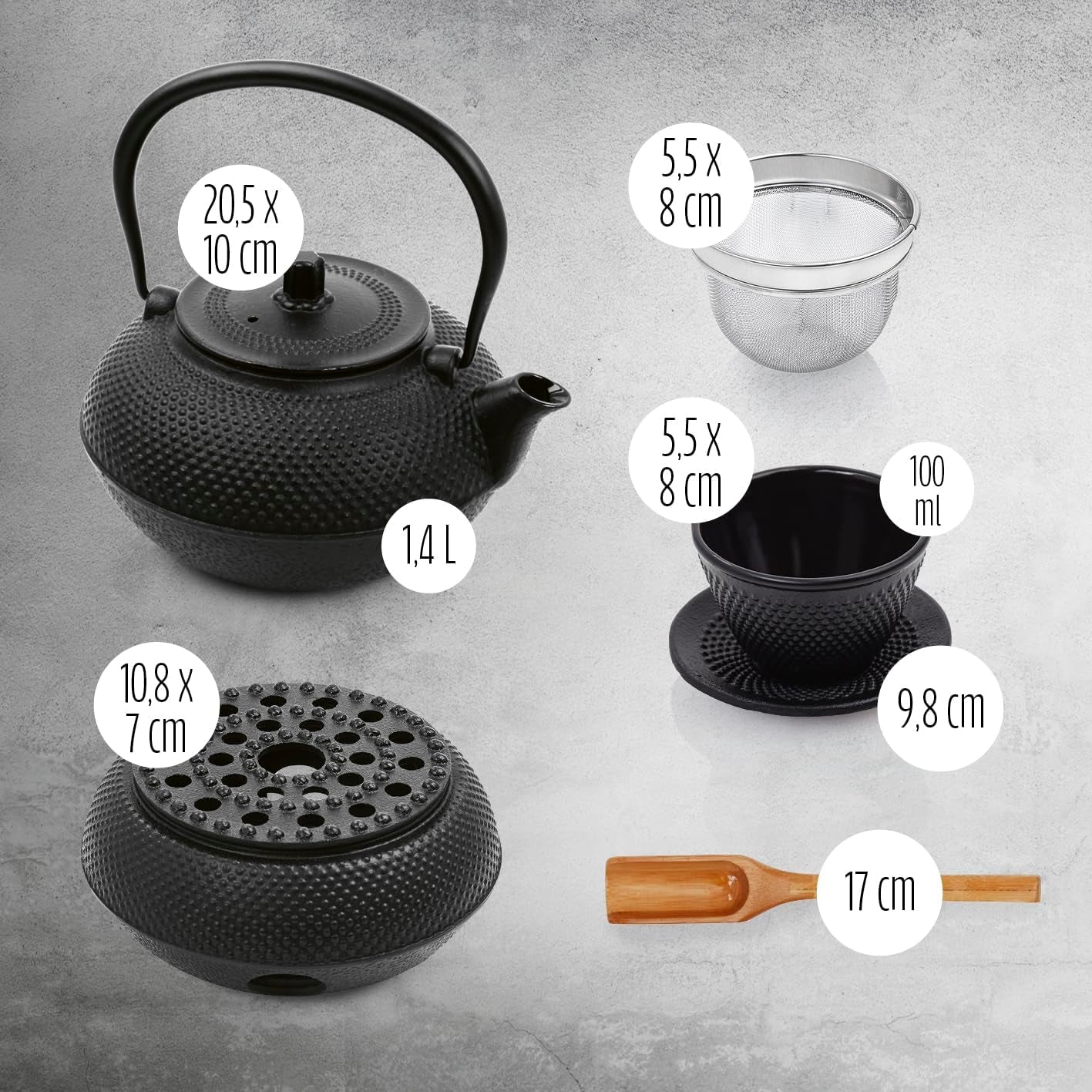 Juego de té Lumaland de 8 piezas | Tetera de hierro fundido Tetsubin de 1,4 litros | Calentador de hierro fundido | 2 tazas de té y 2 platillos | Juego de té japonés que incluye cuchara medidora de bambú e infusor de acero inoxidable.