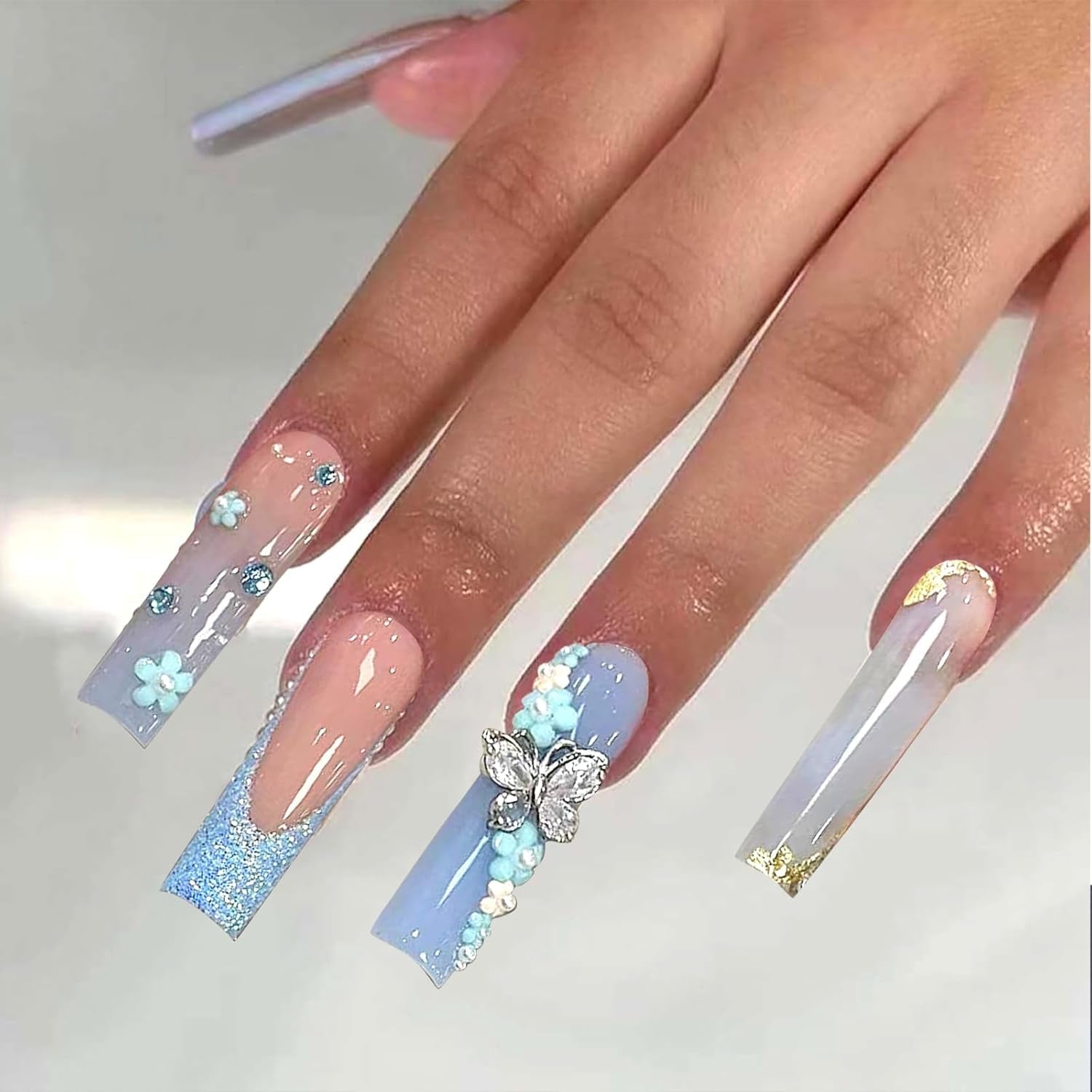 24 Uds. De uñas artificiales de mariposa azul, prensa cuadrada en puntas de uñas postizas con purpurina larga francesa, diamantes de imitación brillantes