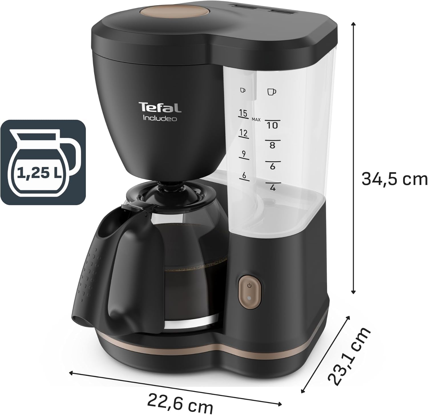 Tefal Cafetera espresso con filtro Includeo, Cafetera espresso extremadamente fácil de usar, Apta para diestros y zurdos, Apertura automática de la tapa, 1,25 L, 10 a 15 tazas, CM533811