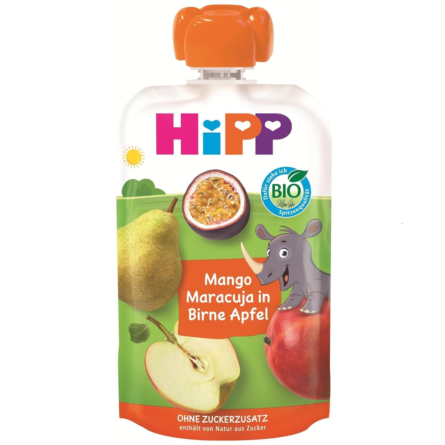 Sobres HiPP Mango-Maracuyá Bio en Sabor Manzana Pera - Nick Rhino (8 x 100g), a partir de 1 año, 100% puré de frutas, sin azúcares añadidos, vegano, la mejor calidad biológica