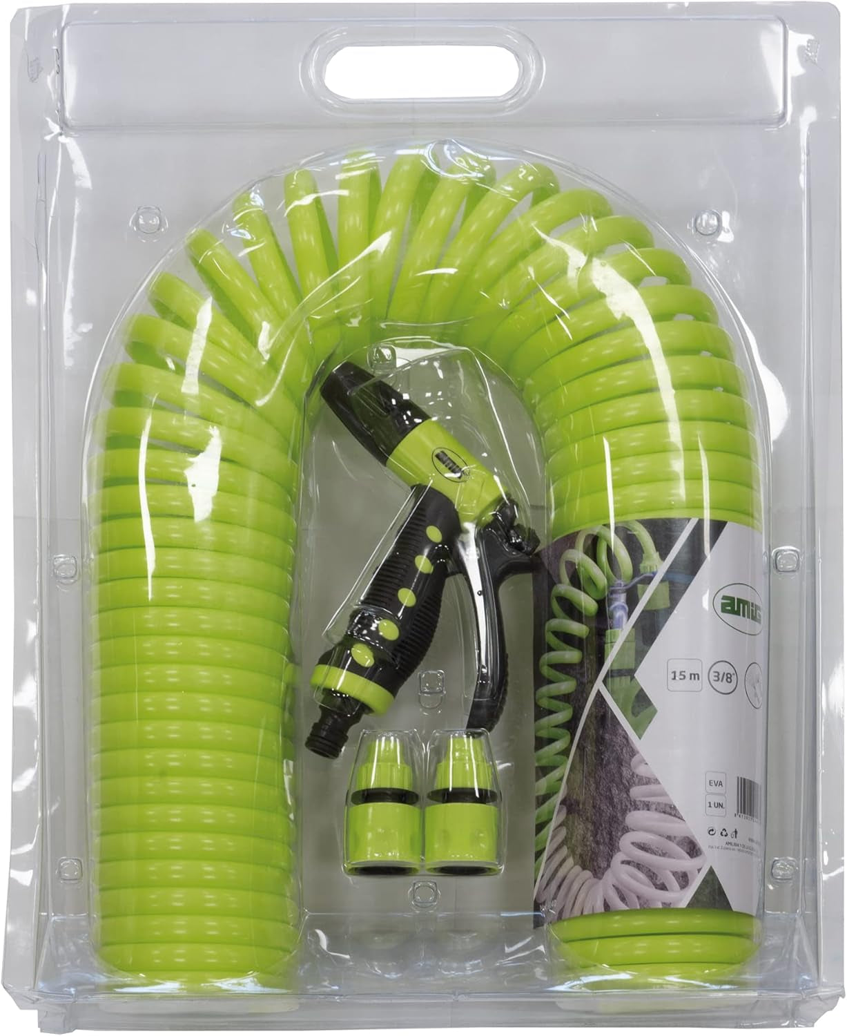 Amig - Turún | Espiral | 15 metros | Incluye 4 accesorios | Con pistola de riego, adaptador para grifo y 2 enchufes rápidos | Goma EVA | Verde pistacho
