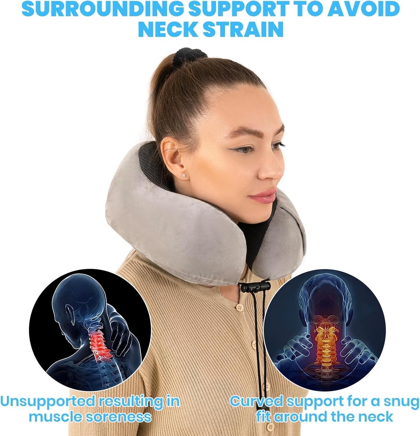 Almohada para el cuello, almohada para el cuello del avión, almohada de viaje, almohada para el cuello para adultos, almohada para el cuello del coche, almohada para el hogar, almohada ergonómica de espuma viscoelástica, lavable, espalda estrecha, ajustable, gris